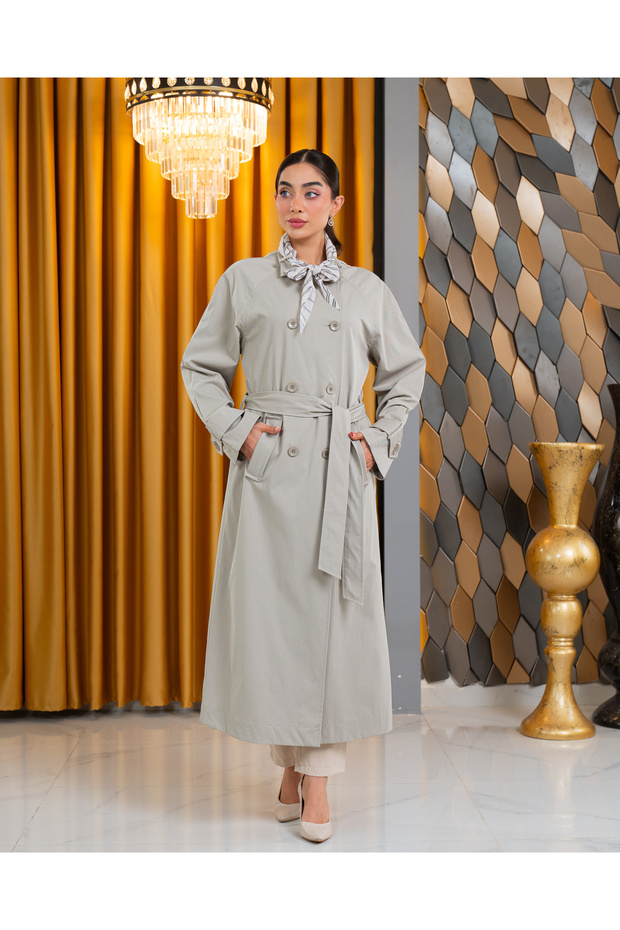 Women's Long Trench Coat Belted Buttoned Pocketed Hijab Casual Stylish Outerwear