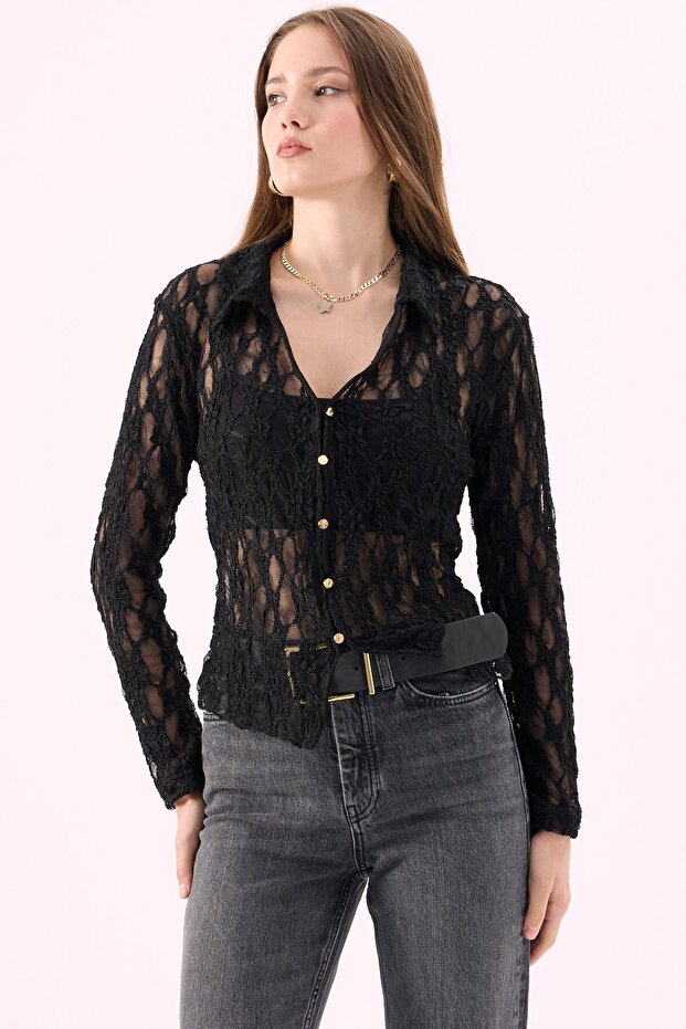 Crep Women's Lace Fabric Transparent Gold Buttoned Long Sleeve Shirt Black
