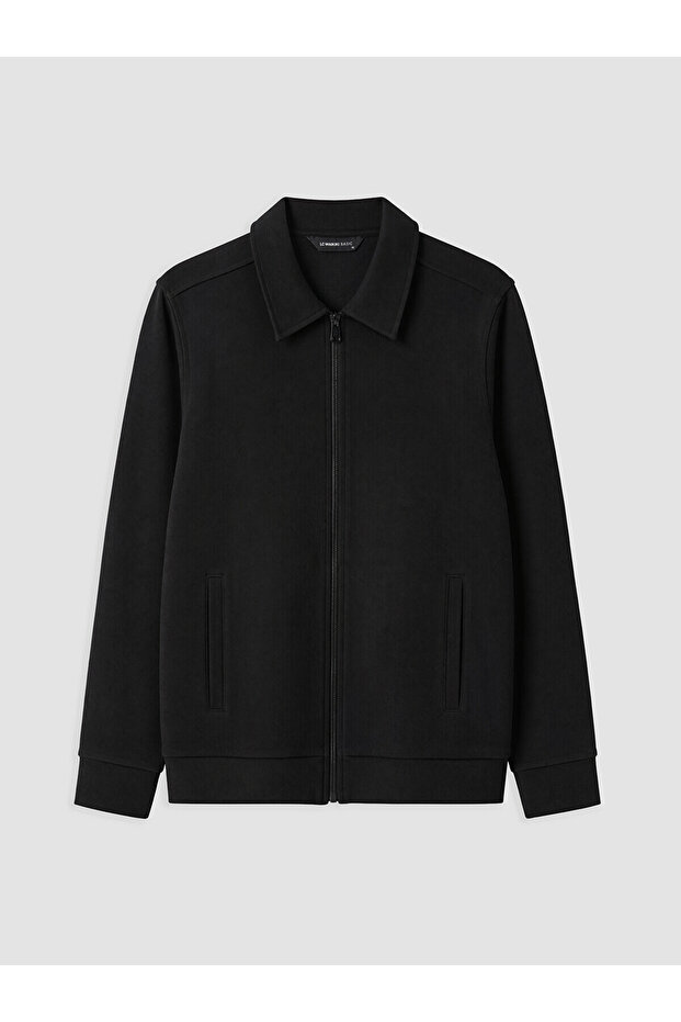 Lcwaikiki Classic Black Polo Collar Men's Zippered Sweatshirt
