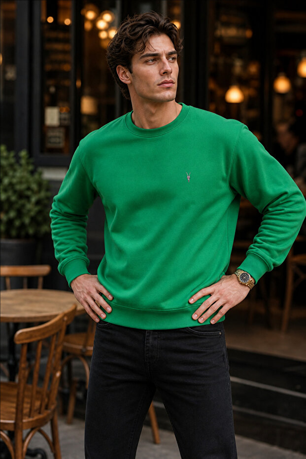 Men's Green Basic Crew Neck Relaxed Sweatshirt