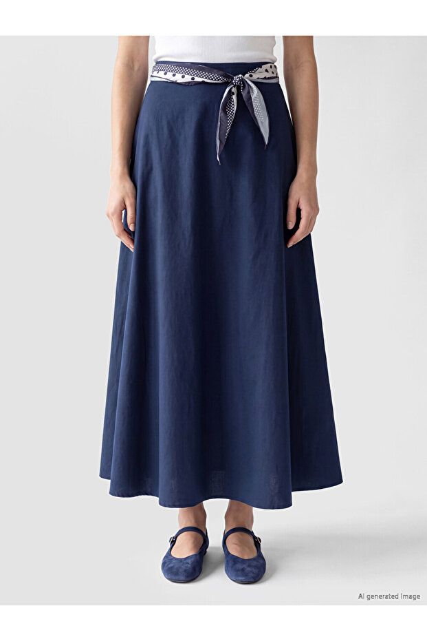 Lcw Modest Navy Blue Flared Skirt with Scarf Detail