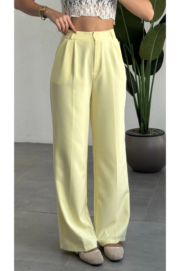 Women's Yellow High Waist Double Pleated Palazzo Fabric Pants Flowy Wide Leg Casual Stylish Office Trousers