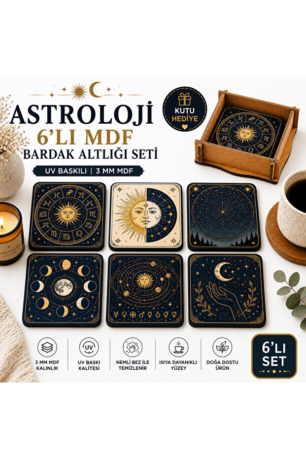 Astrology Themed Set of 6 Mdf Coasters – Decorative Coasters with Zodiac, Moon, and Star Patterns, Uv Printed