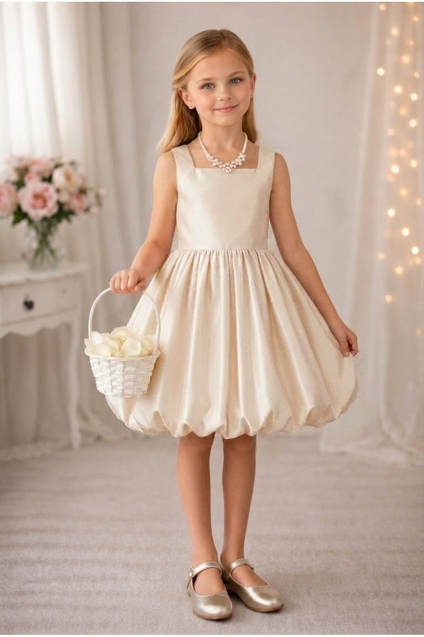 Girl's Elegant Square Collar Detailed Balloon Dress
