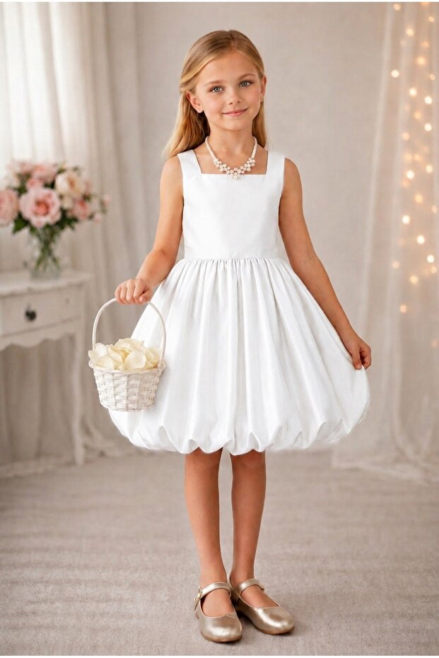 Girl's Elegant Square Collar Detailed Balloon Dress