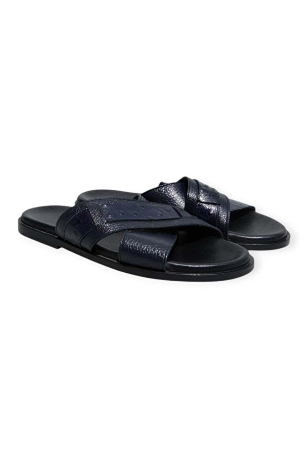 Dark Blue Genuine Leather Men's Slippers