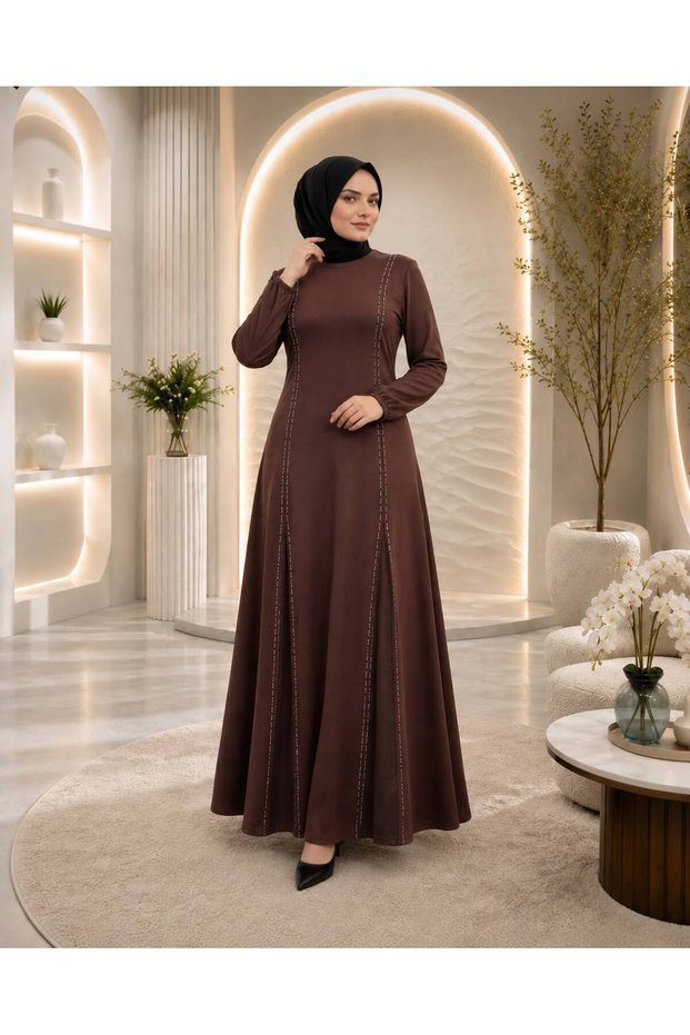 Women's Stone and Leather Detailed Stylish Dress with Elastic Sleeves