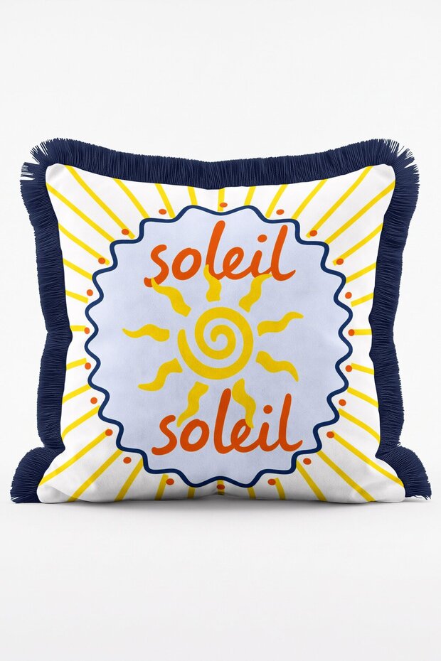 Retro Soleil Written Sun and Marine Themed Summer Fringed Throw Pillow Cover