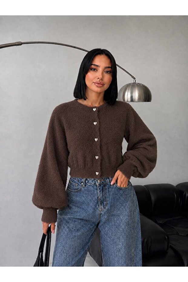 Balloon Sleeve Crop Heart Buttoned Women's Beard Cardigan