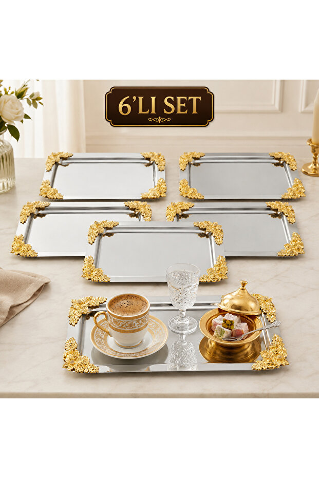 6-Piece Gold Stainless Baton Coffee Presentation Tray 30X13 cm – Decorative Tea Coffee Serving and Presentation Tray Set