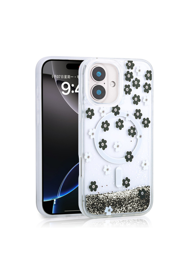 iPhone 16 Case Liquid Glitter Patterned Magsafe Camera Raised Silicone Cover