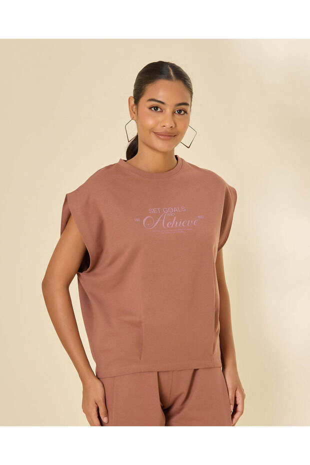 Women Brown Sleeveless Front Pleat Detail Active T-Shirt