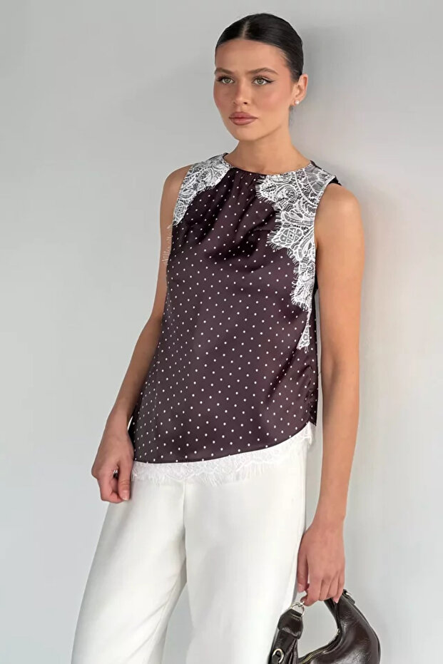 Women's Lace Detailed Polka Dot Zero Sleeve Satin Blouse