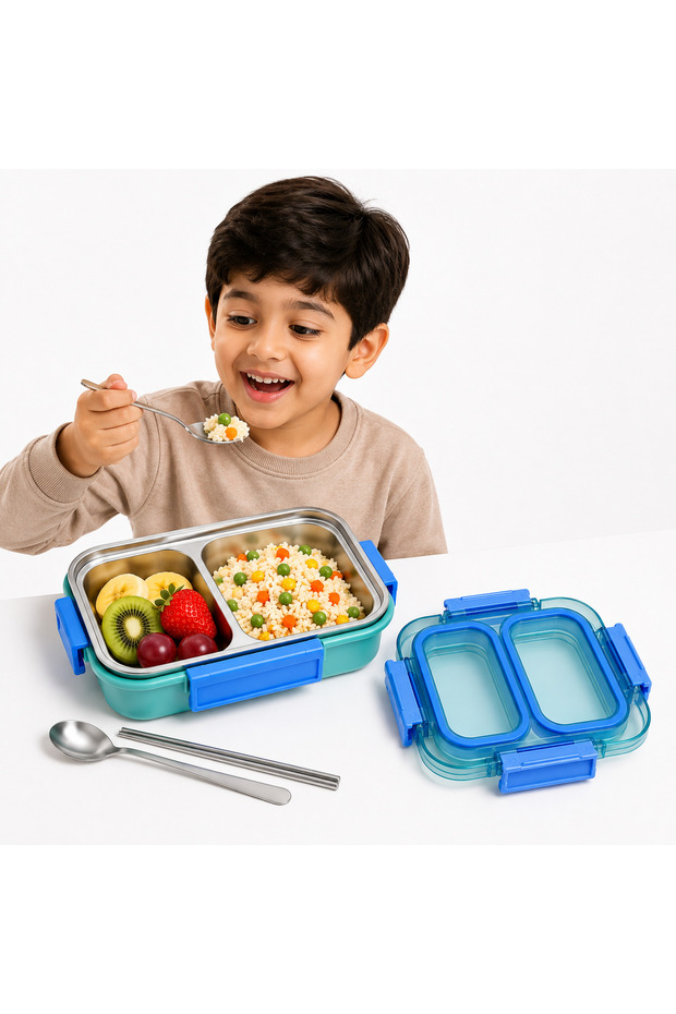 Creative 2 Compartment Stainless Steel Lunch Box BPA Free Leakproof Clip Lock Ideal for Ice Cream and Steel Food Container Kids School Lunch box (Pink)