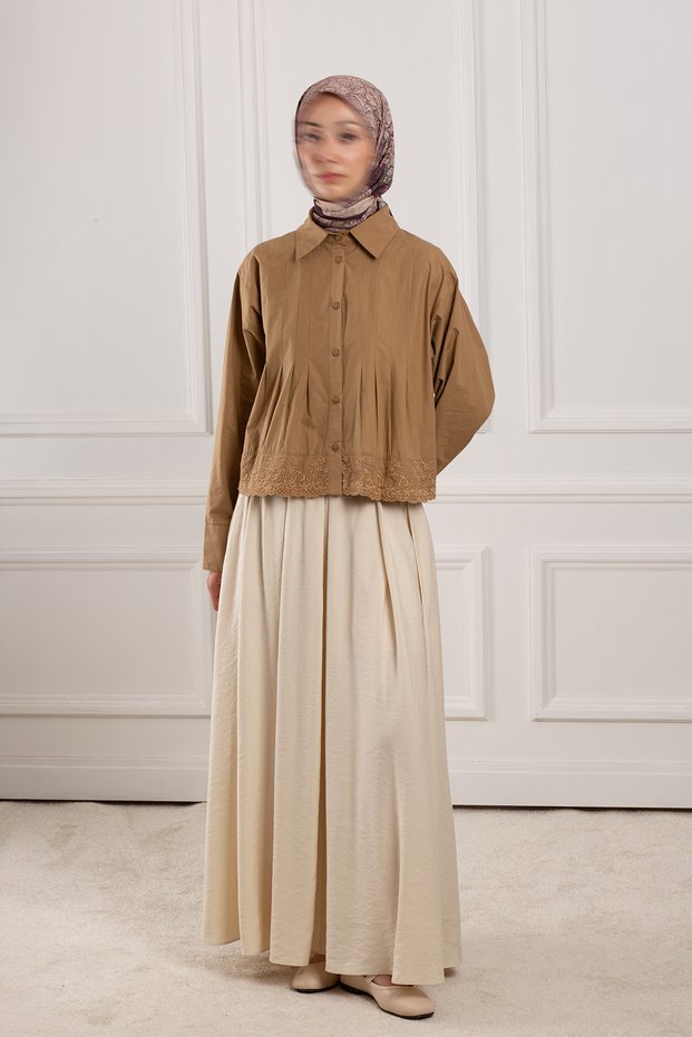 Floral Detailed Embroidered Shirt Caramel