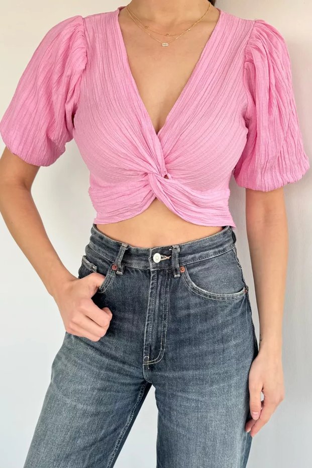 Women's Front Knot Detailed Side Zipper Balloon Sleeve Crop Top Blouse