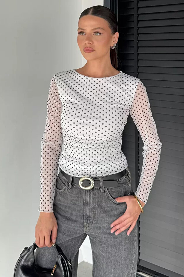 Women's Waist Gathered Polka Dot Blouse