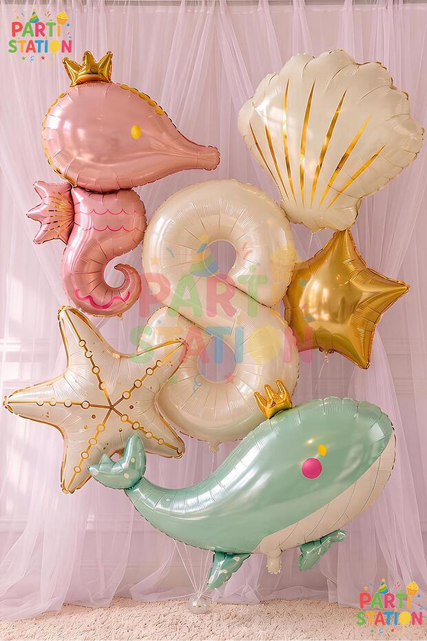 Mermaid Themed Balloon Set for 8 Years Old - 6 Pieces Extra Large Size Retro Balloon Sea Horse and Whale Foil Balloon Set Birthday Party Decoration Set