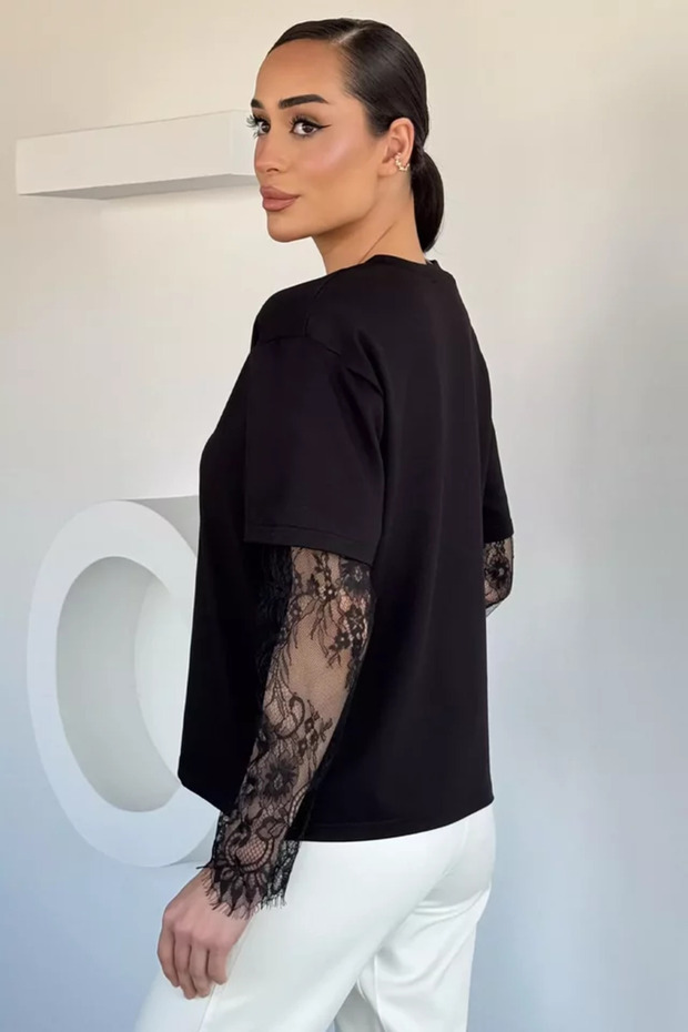 Gülseli Women's Crew Neck Blouse with Ruched Sleeves