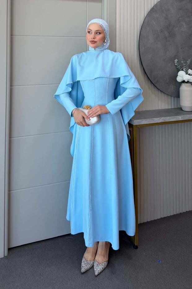 Chain Detailed Cape Dress Baby Blue
