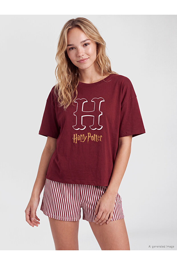 Lcw Young Burgundy Printed Women's Shorts Pajama Set