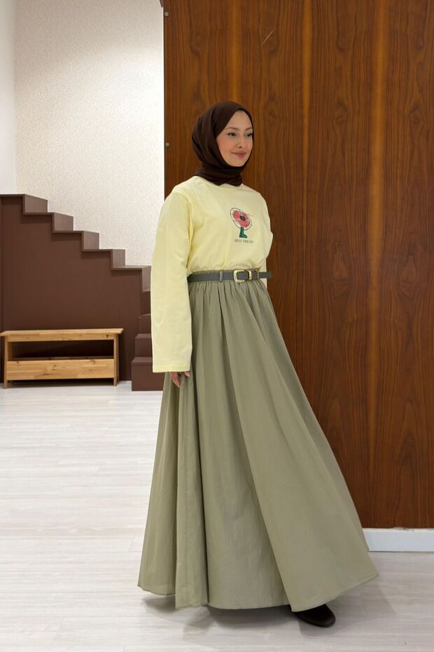 Green Ceinture Belted Linen Skirt