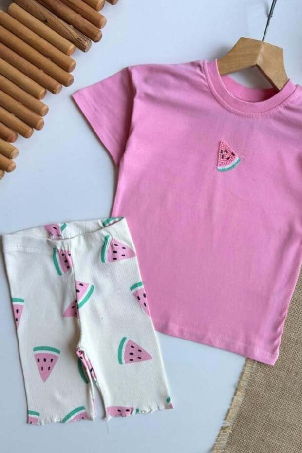 Girl's Watermelon Embroidered T-Shirt and Short Leggings Set Pink