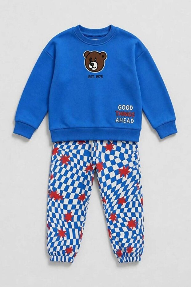 Boy's Teddy Bear Printed Sweatshirt and Checkered Sweatpants Set Blue