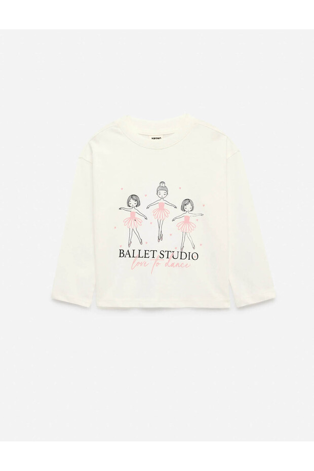 Ballerina Print Long Sleeve Crew Neck Cotton T-Shirt