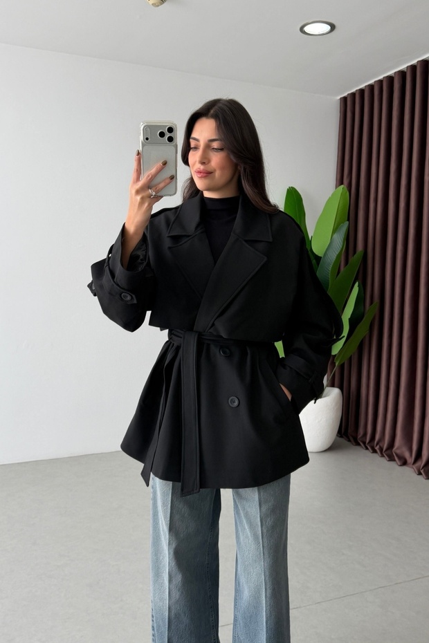 Women's Apolete Belted Medium Length Trench Coat Black