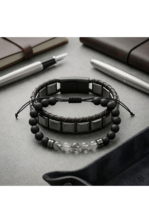 Hematite Stone Black & Natural Stone Double Men's Bracelet Set