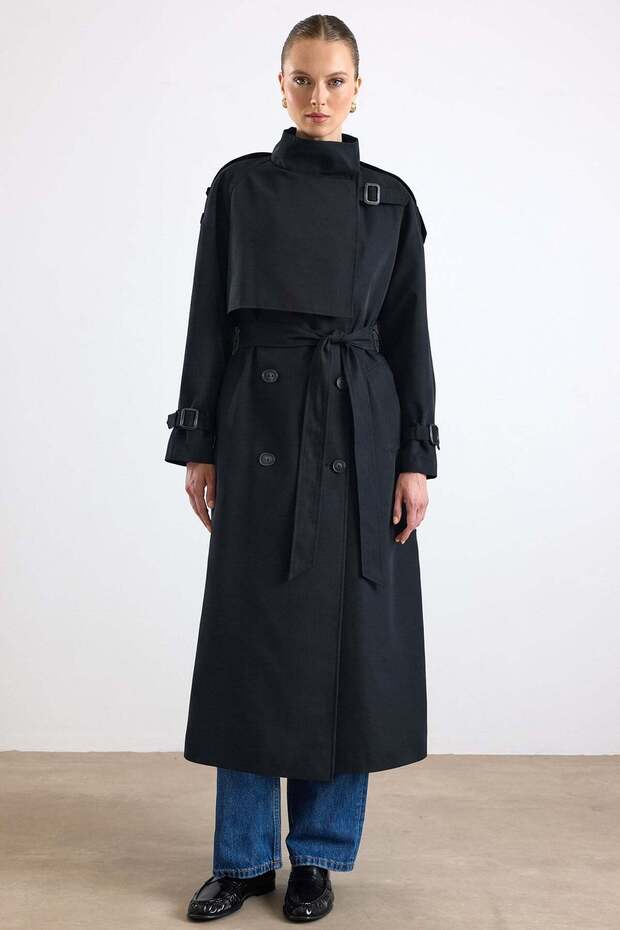 Oversized Water-Repellent Trench Coat with Stand-Up Collar, Cape and Placket Detail Black 6892
