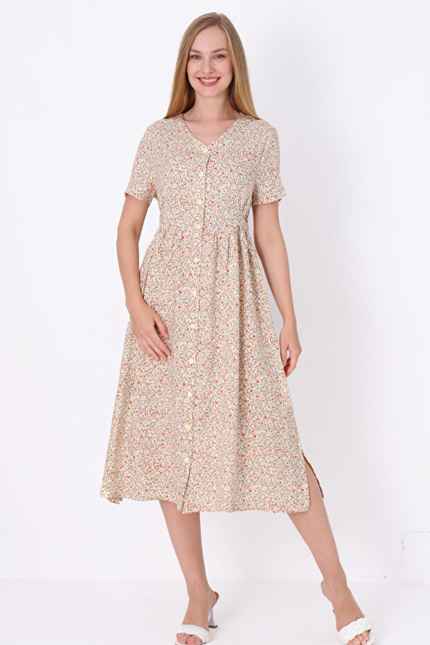 Patterned Short Sleeve V-Neck Buttoned Drawstring Back Tie Women's Dress