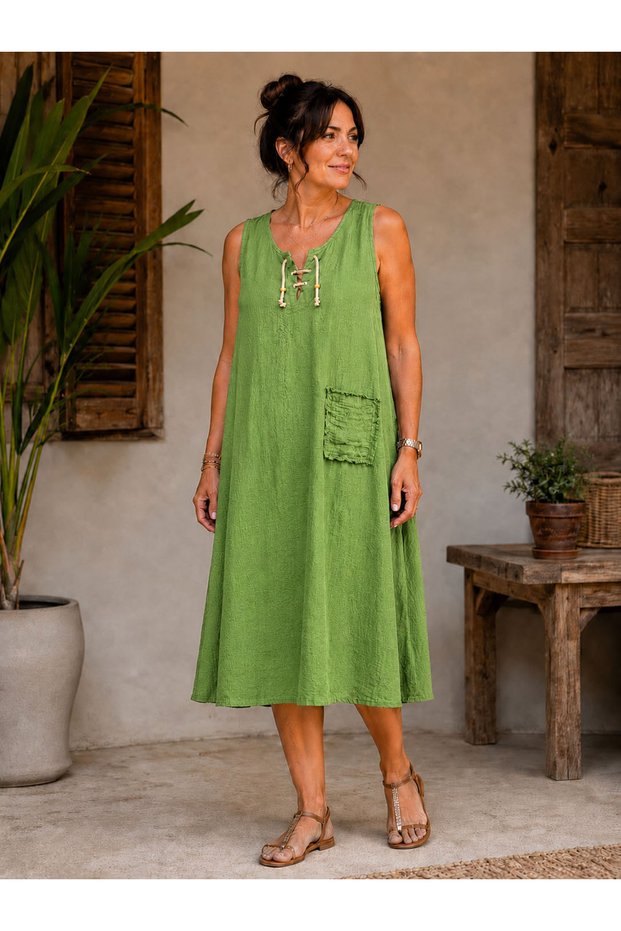Women's Green 100% Cotton Muslin Fabric Casual Bell Dress with Pockets