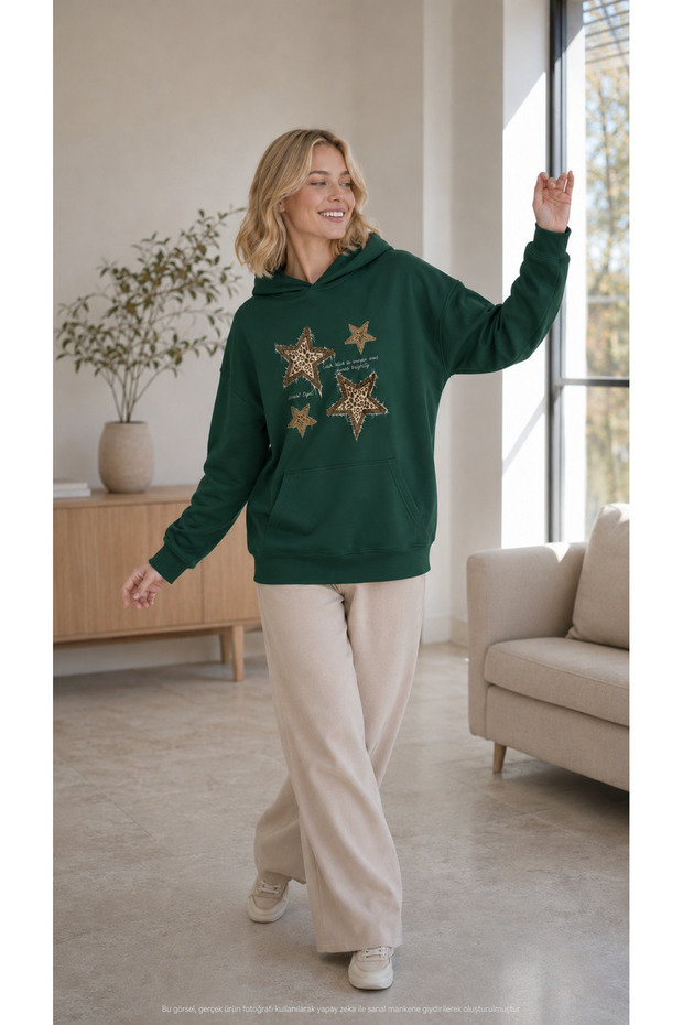 Women's Leopard Patterned Four Star Printed Hooded Kangaroo Pocket Cotton Casual Sweathirt