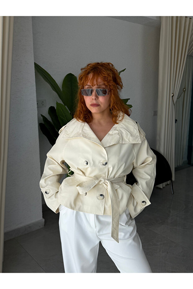 Beige Belted Double Breasted Short Outerwear