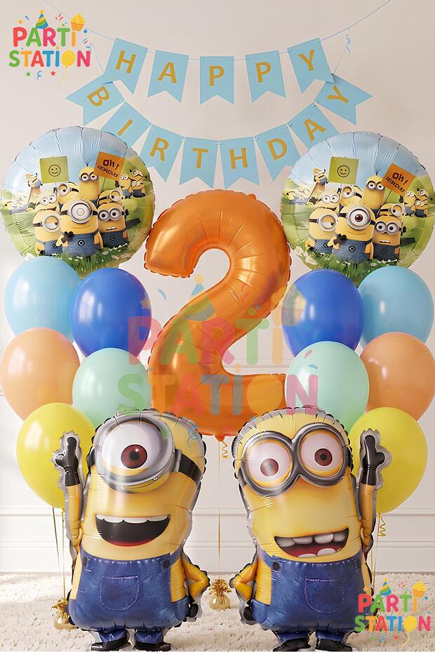 Minions Balloon 16 Piece Set 2 Year Old Birthday Set Happy Birthday Banner Orange Color Number Foil Balloon and Minion Foil Balloon Set