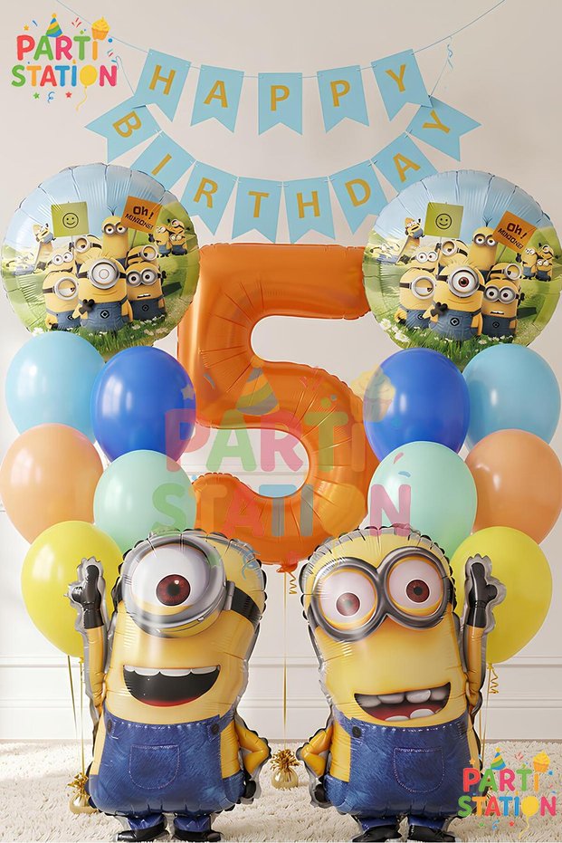 Minions Balloon 16 Piece Set 5Th Birthday Set Happy Birthday Banner Orange Color Number Foil Balloon and Minion Foil Balloon Set
