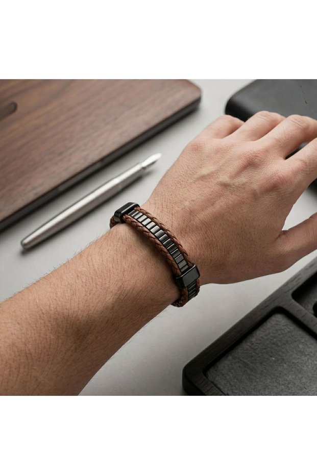 Metal Detailed Brown Genuine Leather Men's Bracelet