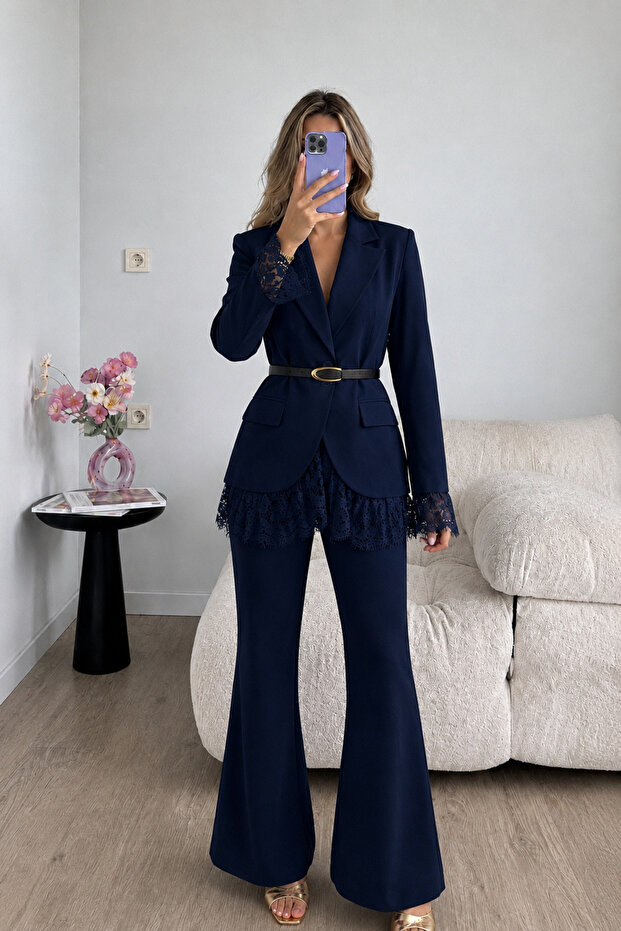 Lace Belted Jacket Trousers Blazer Suit