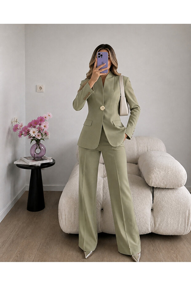 Gold Single Button Notched Collar Jacket Skirt Blazer Suit