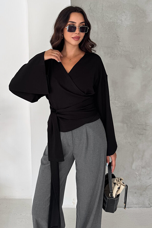 Women's Double Breasted Collar Belted Waist Long Sleeve Stylish Blouse