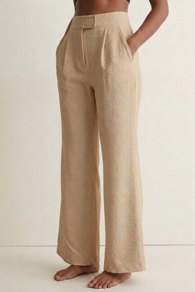 Stone Color Women's High Waist Stretchy Textured Crepe Fabric Wide Leg Palazzo Trousers - Velcro Closure Detail