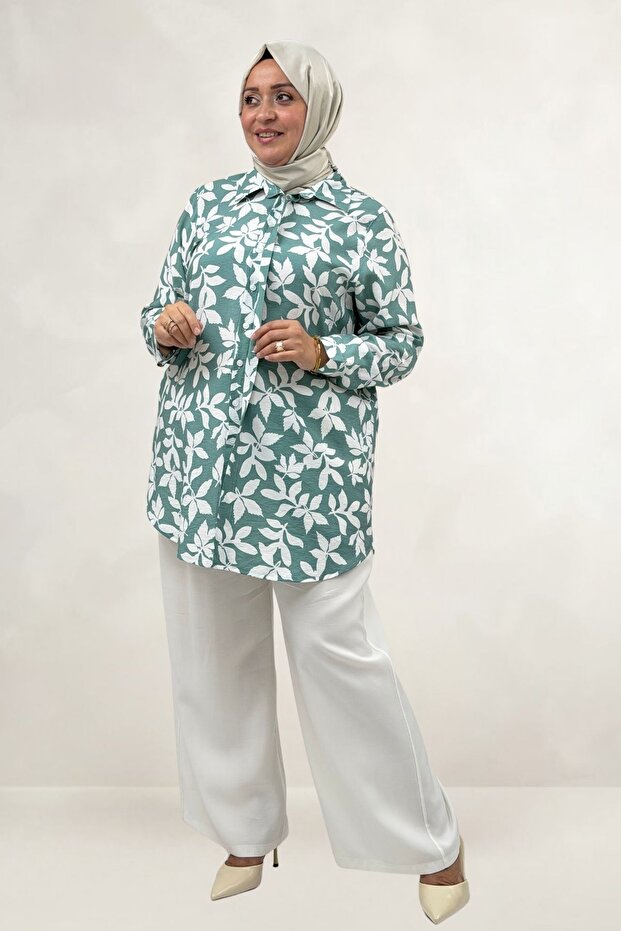 68094 Plus Size Cuffed Patterned Mango Tunic - Leaf Pattern Nefti
