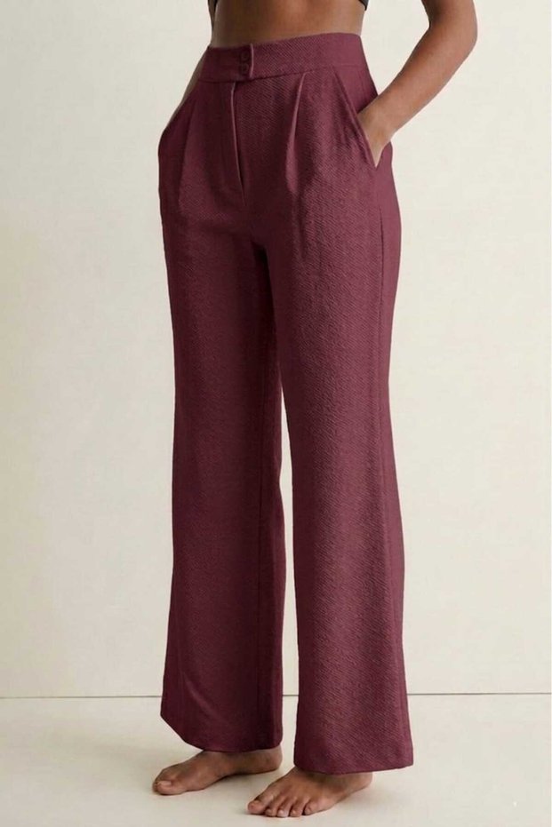Burgundy Women's High Waist Stretchy Textured Crepe Fabric Wide Leg Palazzo Trousers - Button Closure Detail