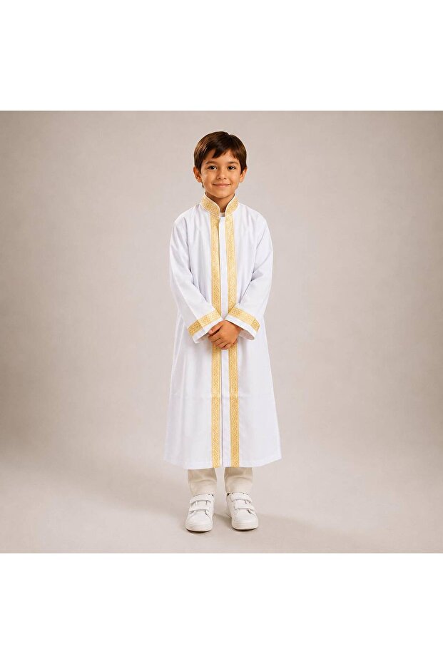 Children's Robe with Judge Collar and Border, Alpaca White Gold