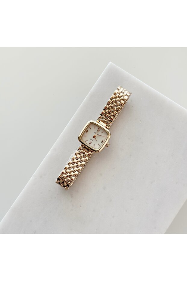 Square Dial Gold Watch White