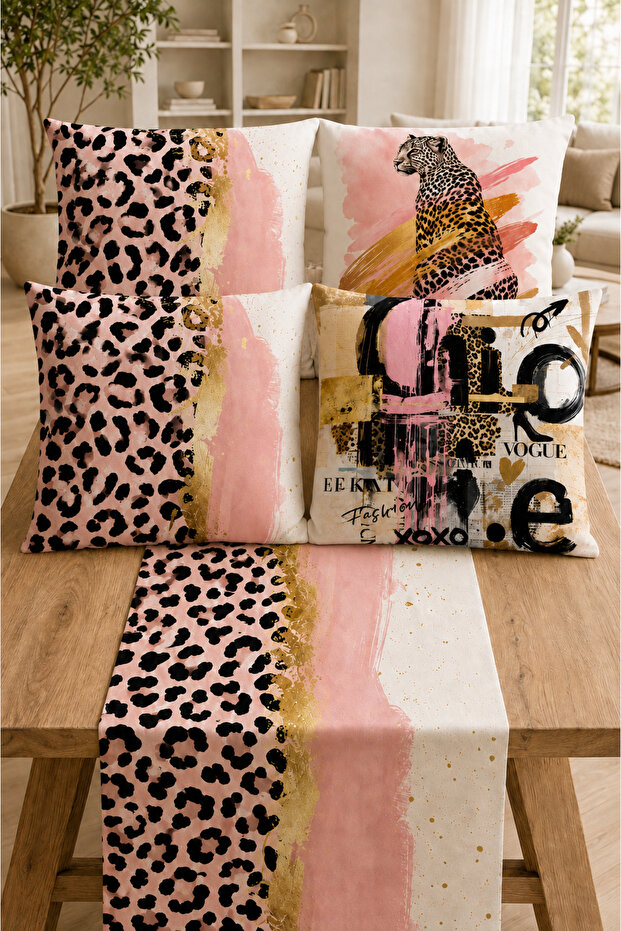 5 Piece Pink Leopard Print Runner and Pillowcase Set – 4 Pillowcases + 1 Runner