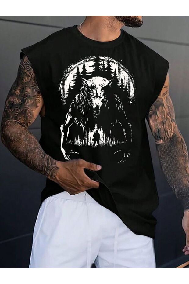 Oversize Relaxed Fit Back and Chest Printed Black Men's Tank Top / Zero Sleeve