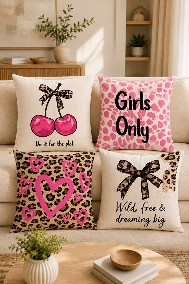 Pink Leopard Cherry and Bow Patterned Decorative Throw Pillow Cover with Writing (Double Sided)